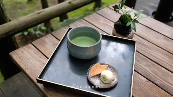 こけむしろのカフェメニュー｜苔まんじゅうと唐饅、抹茶のセット