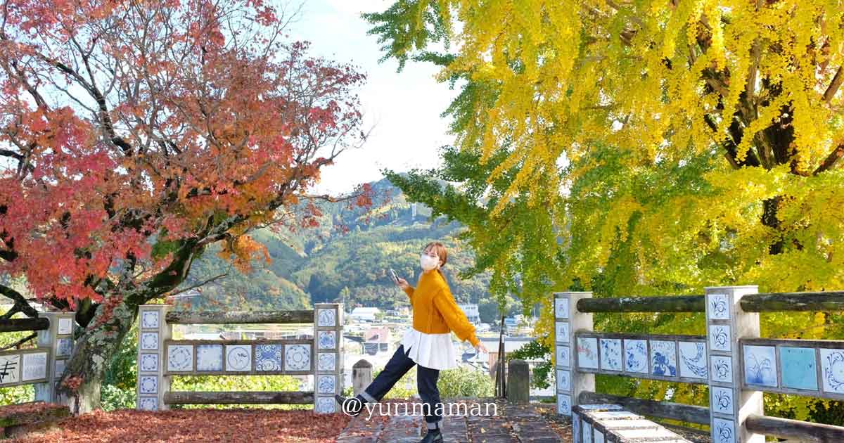 砥部町の紅葉スポット「陶祖ヶ丘と陶板の道」で見られるイチョウともみじの絶景｜サムネイル画像