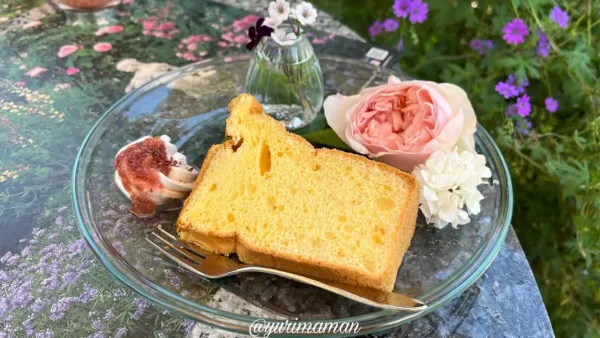 松山市「妖精の楽園」のティータイムに提供される花盛シフォンケーキ
