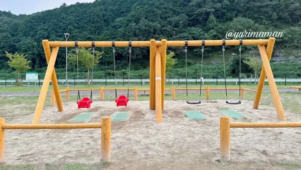 西予ちぬやパークの四連ブランコ｜小さい子向け安全シート付きもあるファミリー向け遊具