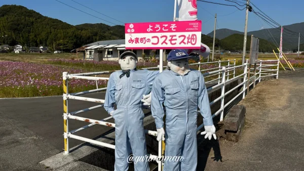 みま町コスモスまつりで展示された手作りのかかし