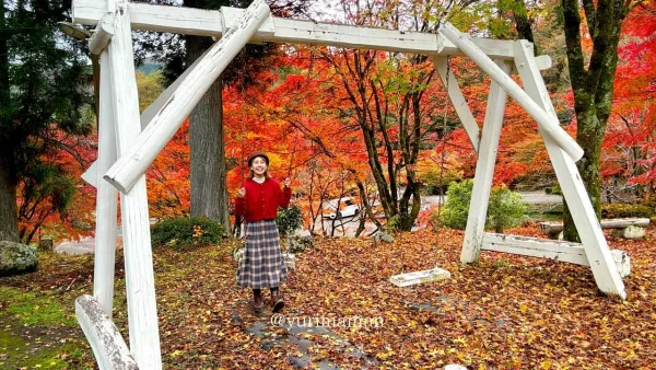 久万高原ふるさと旅行村のブランコは紅葉がバックに