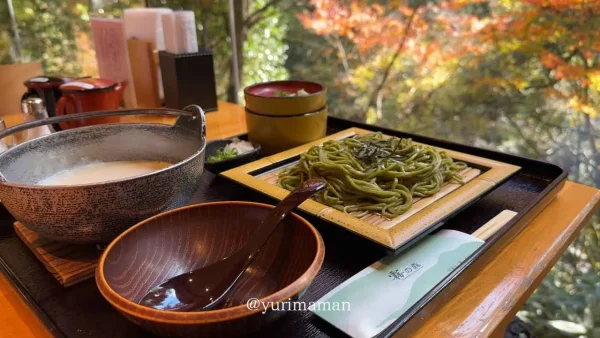 霧の森レストランの茶そばランチセットと紅葉風景