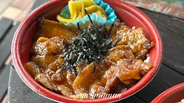 伊予市「日吉」の豚バラ丼。照り焼き風の甘辛タレがたっぷり絡んだ人気の日替わり弁当メニュー。