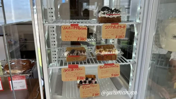 冷蔵ケースに並ぶ可愛いシフォンサンド。松山市のgurube限定スイーツ