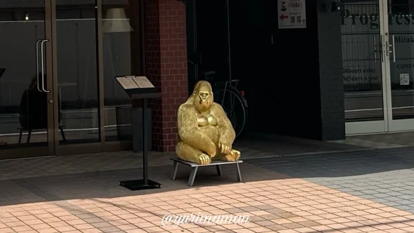 松山市歩行町にオープンしたGOLDEN GORILLAの黄金のゴリラ像