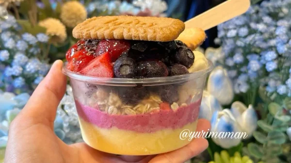 松山ロープウェー商店街「pomum」のアサイーボウル。イチゴ・ブルーベリー・バナナにロータスクッキーをトッピングした映えるスムージーボウル1