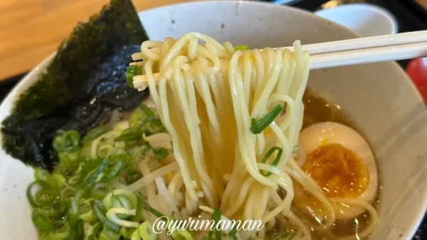 四国中央市「みしま屋」の中華そば｜ストレート麺を持ち上げた様子