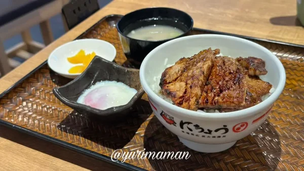 松山市にちょう福音寺店の炭火焼き豚丼（温玉トッピング付きランチ）