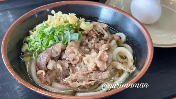 がんば亭川之江店の肉うどん｜甘辛お肉と柔らかめの麺1