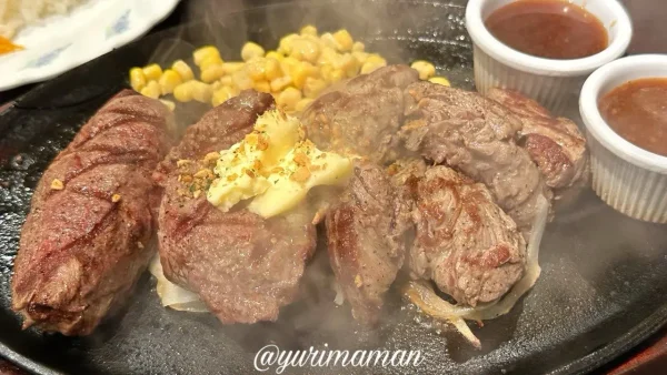 肉の日ランチで提供された牛2種食べ比べコンビのアップ写真｜松山市駅前のまつちかステーキ食堂