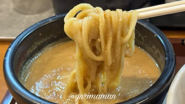 麺のようじ松山店の鶏ドロつけ麺のつけ汁に絡む太麺