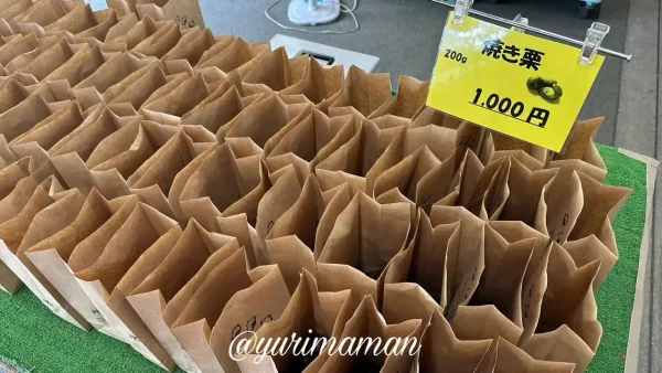中山栗センターの焼き栗。200g入りで1,000円。紙袋に入った香ばしい焼き栗。