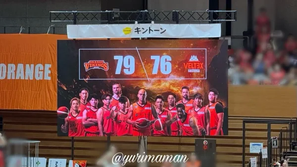 愛媛オレンジバイキングス試合終了時のスコアボード 79対76で勝利