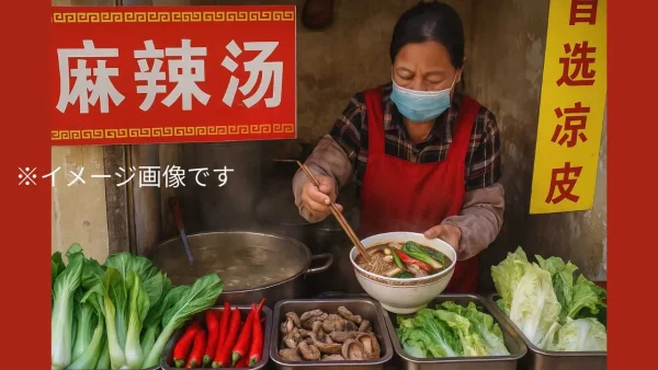 中国屋台で提供される麻辣湯（マーラータン）のイメージ画像｜野菜や香辛料が並ぶ屋台風景
