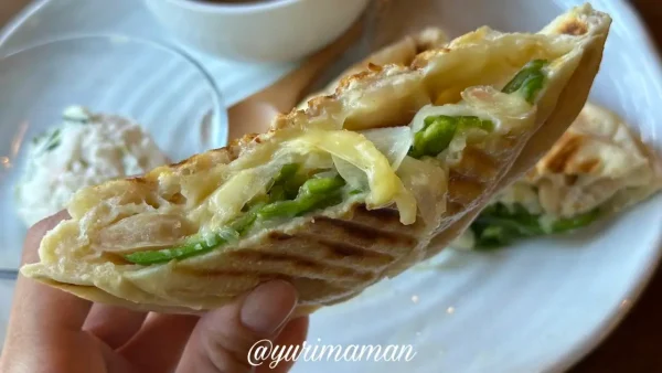 手に持った照焼チキンと白インゲン豆のホットサンド。外はカリッと中はもっちり食感 - ゆりママんブログ 手に持った照焼チキンと白インゲン豆のホットサンド。外はカリッと中はもっちり食感