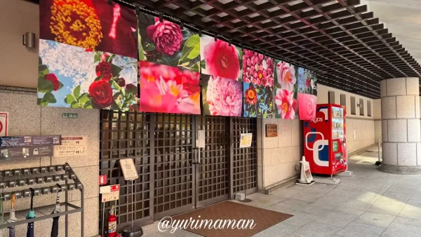椿の湯入口に飾られた蜷川実花 with EiMの花アートのれん。日中の光に映えて華やか