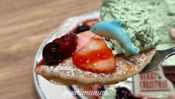 クリスマスツリーパンケーキのチョコプレートといちごソース、クリームのアップ