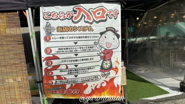 牡蠣奉行の利用システムを説明する入口案内パネル