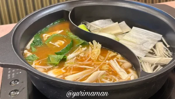 鶏ガラ醤油と赤チゲ味噌だしの2種類を選んだしゃぶ葉の鍋スープ2