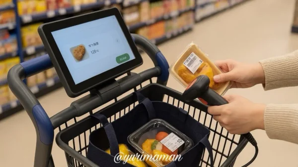 トライアル西条店のレジカートで商品バーコードを読み取る様子