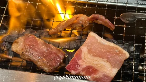 焼肉食堂炎蔵で肉を網で焼いている様子（炎の上がるグリル場面）1