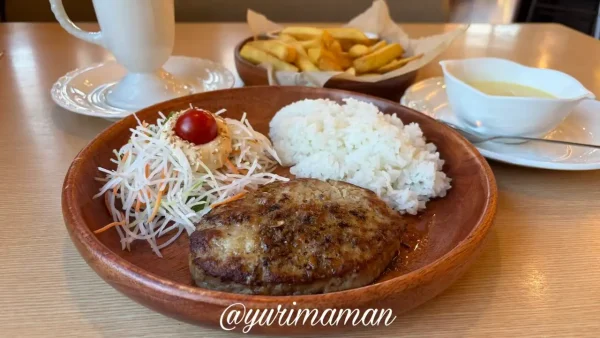 びっくりドンキー満喫セットの実食写真。ハンバーグ、ごはん、スープ、ポテト付き2