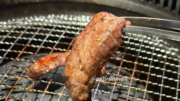 じゃんじゃかエミフルで焼肉を網で焼いている様子｜カルビとハラミ2