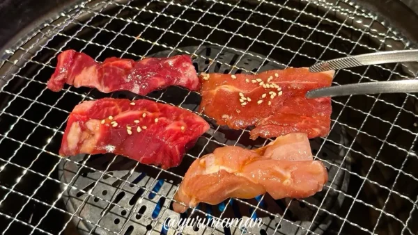 じゃんじゃかエミフルで焼肉を網で焼いている様子｜カルビとハラミ1