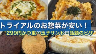 トライアル西条の人気惣菜まとめサムネイル｜299円かつ重・199円玉子サンド・12インチピザ