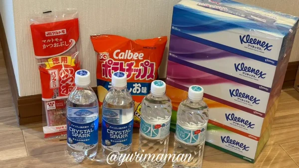 ホリダシホンポ松山本店で購入した商品のまとめ（ティッシュ・水・お菓子など）