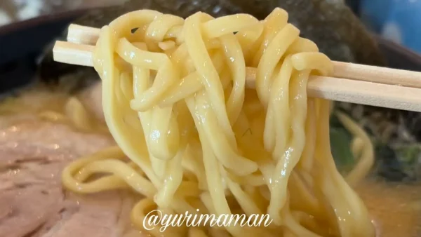 一門家 今治店の中太麺（濃厚豚骨スープがよく絡む）