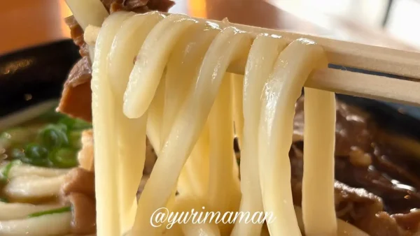 つるつるもちもち食感の讃岐うどん「天までとどけ」の肉うどん（麺のアップ）