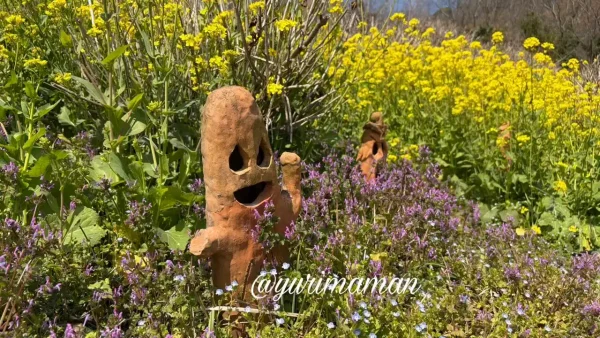 里山古墳農園の菜の花と並ぶ埴輪（松山市）