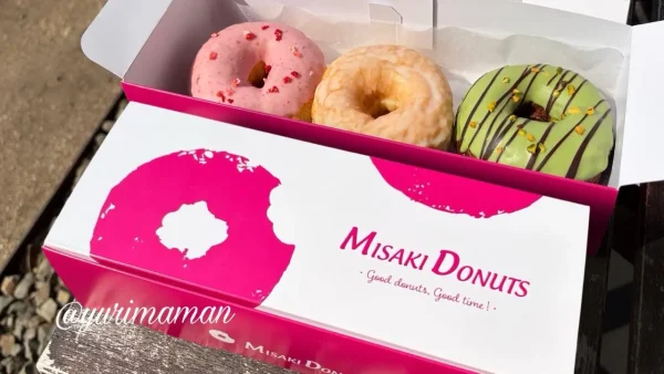 ミサキドーナツのテイクアウトボックス（いちご・プレーン・ピスタチオ）