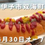 Hot dog with ketchup and mustard on a bun held at the beach; text announces opening on April 30 in Iyo City Futami Town (Futami-cho).