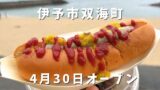 Hot dog with ketchup and mustard on a bun held at the beach; text announces opening on April 30 in Iyo City Futami Town (Futami-cho).