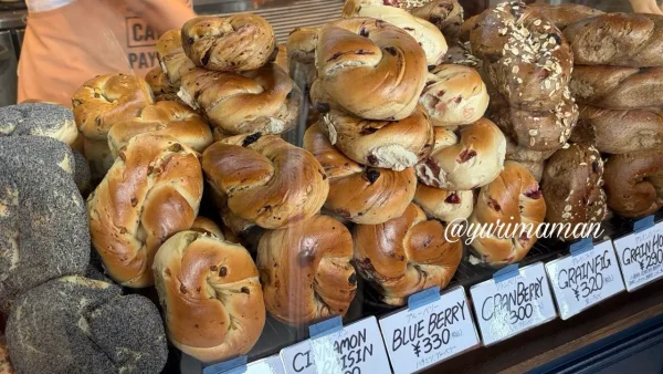 ネイビーベーグルズのプレーンやブルーベリーなど人気ベーグルのアップ