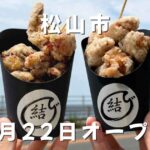 Two black cups of fried chicken being held up outdoors with a seaside road in the background; white Japanese text reads 松山市 and 5月22日オープン (Matsuyama City May 22 opening).