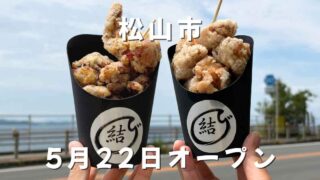 Two black cups of fried chicken being held up outdoors with a seaside road in the background; white Japanese text reads 松山市 and 5月22日オープン (Matsuyama City May 22 opening).