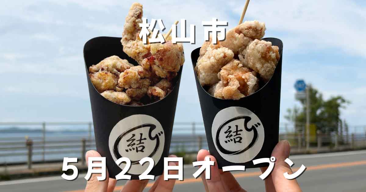 Two black cups of fried chicken being held up outdoors with a seaside road in the background; white Japanese text reads 松山市 and 5月22日オープン (Matsuyama City May 22 opening).