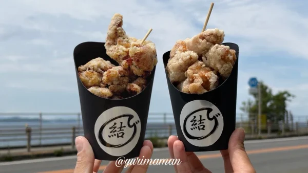 松山市北条の海沿いで撮影した結びの唐揚げ
