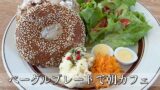 sesame seed bagel with cream cheese, greens, potato salad, shredded carrot and two deviled eggs on a white plate