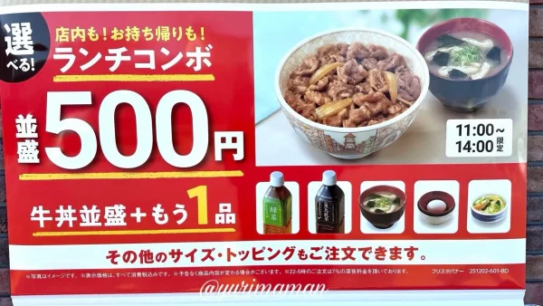 すき家のランチコンボメニュー（500円）