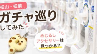 Laundromat with washing machines; foreground features a plush donut keychain and large Japanese text about a gacha tour.