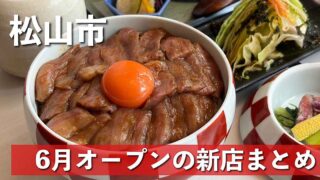 Beef donburi topped with a bright orange egg yolk, surrounded by side dishes; overlaid Japanese text mentions Matsuyama city and June openings.