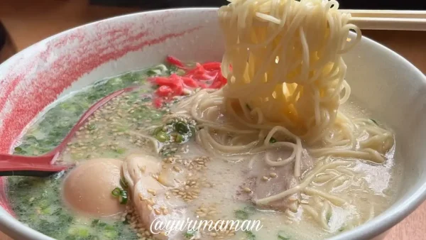 細麺を持ち上げたらーめん笑福の豚骨ラーメン