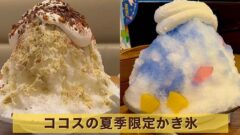Two large kakigori desserts side by side: left with cream topping and nut sprinkles, right blue-tinged shaved ice with fruit pieces, beneath a yellow banner with Japanese text.