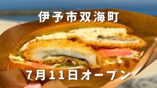 Close-up of a crispy fried cutlet sandwich with lettuce in a paper wrapper, held at the beach, overlaid with Japanese text announcing opening on July 11 in Iyo City Futami-cho.
