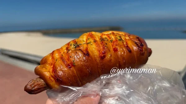 道の駅ふたみの海辺で焼きたてパンを楽しむ様子